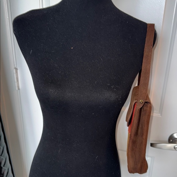 Vintage Brown and Red Suede Shoulder Bag w/ unique scalloped flap & snap button - Picture 8 of 10
